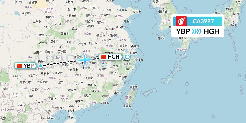 CA3997 Air China Flight Map: Yibin to Hangzhou