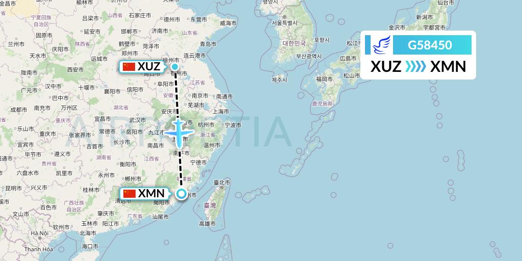 G58450 China Express Airlines Flight Map: Xuzhou to Xiamen