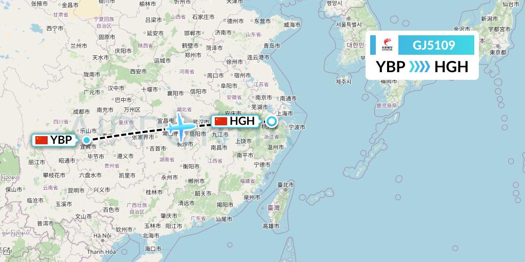 GJ5109 Loong Airlines Flight Map: Yibin to Hangzhou