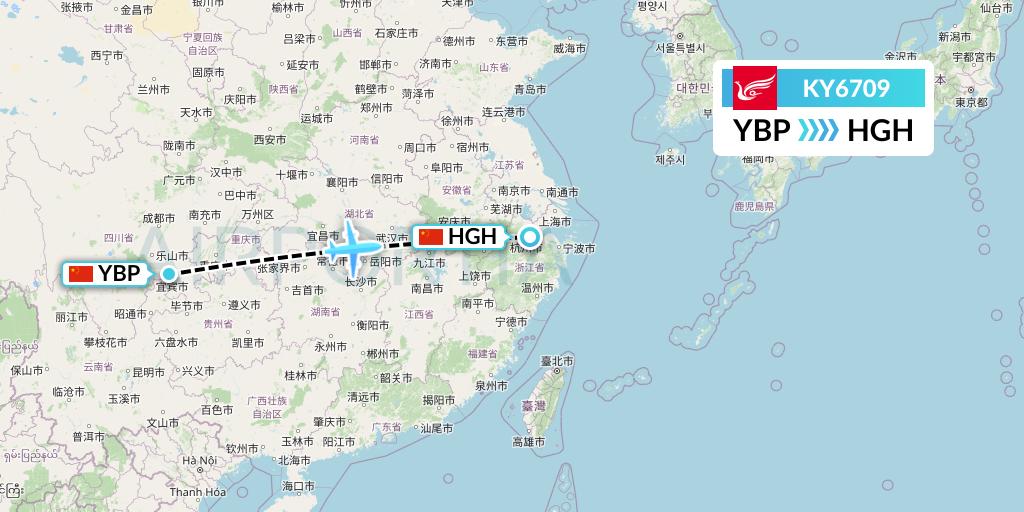 KY6709 Kunming Airlines Flight Map: Yibin to Hangzhou