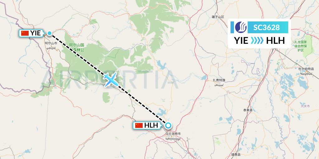 SC3628 Shandong Airlines Flight Map: Arxan to Ulanhot