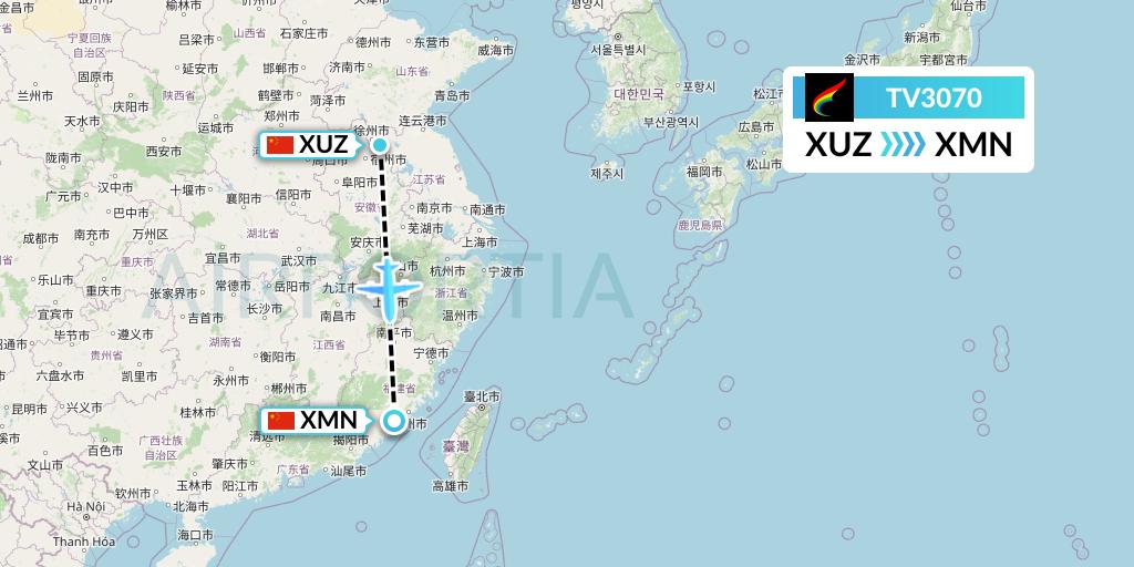 TV3070 Tibet Airlines Flight Map: Xuzhou to Xiamen