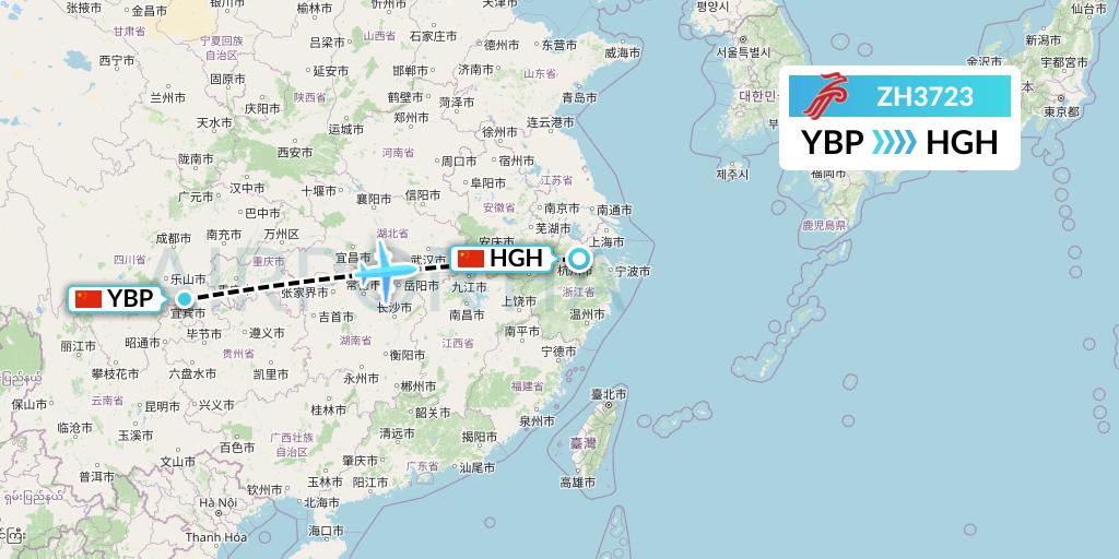 ZH3723 Shenzhen Airlines Flight Map: Yibin to Hangzhou