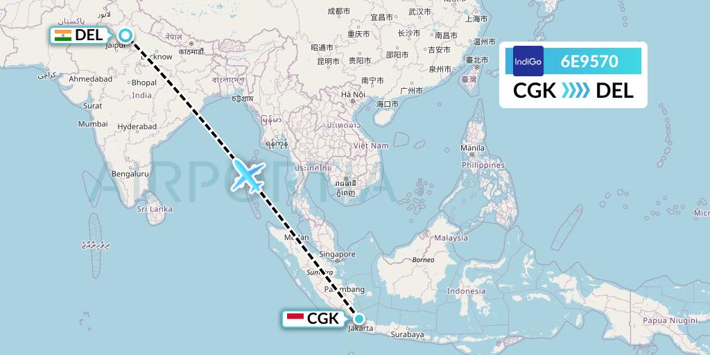6E9570 IndiGo Airlines Flight Map: Jakarta to Delhi