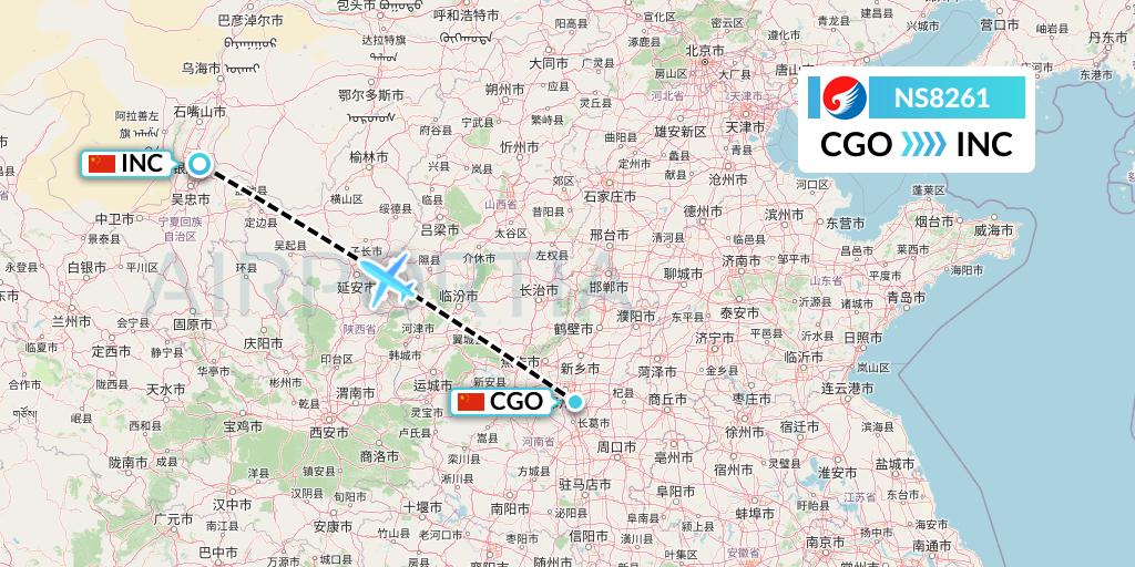 NS8261 Hebei Airlines Flight Map: Zhengzhou to Yinchuan