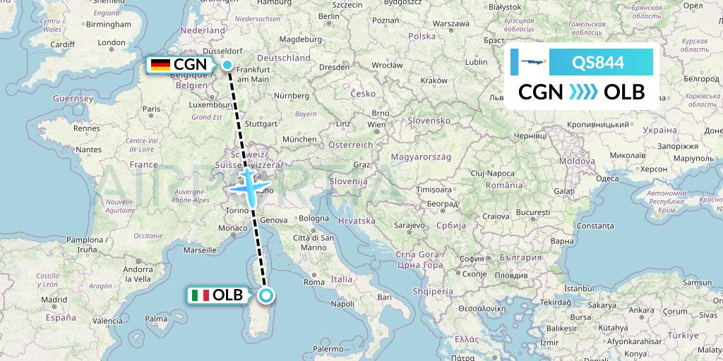 QS844 Smartwings Flight Map: Cologne to Olbia