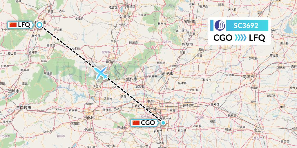 SC3692 Shandong Airlines Flight Map: Zhengzhou to Yulin