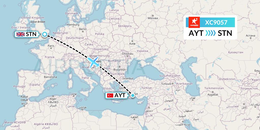 XC9057 Corendon Airlines Flight Map: Antalya to London