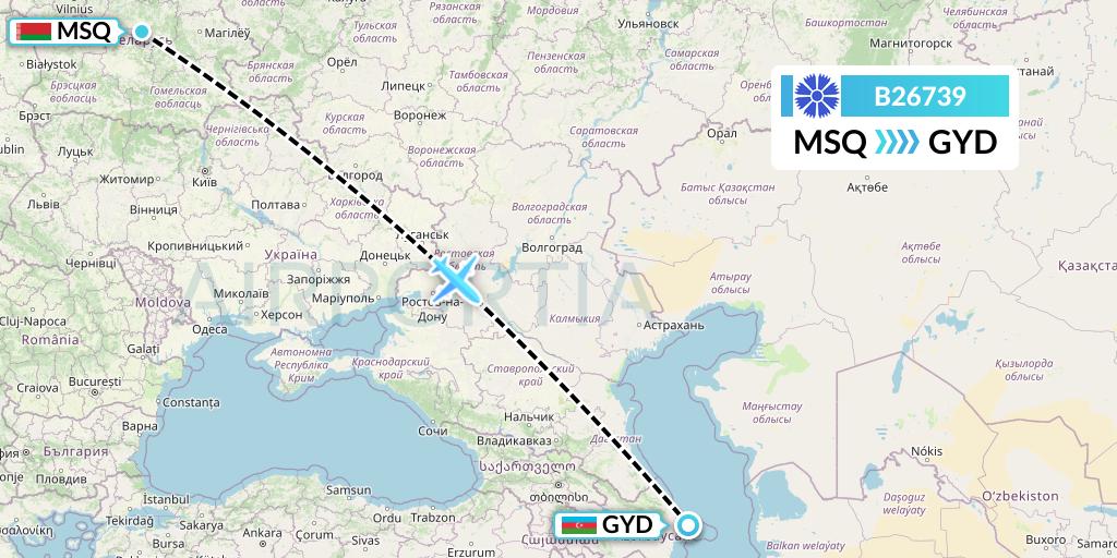 B26739 Belavia Flight Map: Minsk to Baku