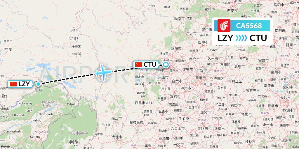 CA5568 Air China Flight Map: Nyingchi to Chengdu