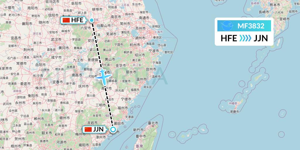 MF3832 Xiamen Airlines Flight Map: Hefei to Jinjiang