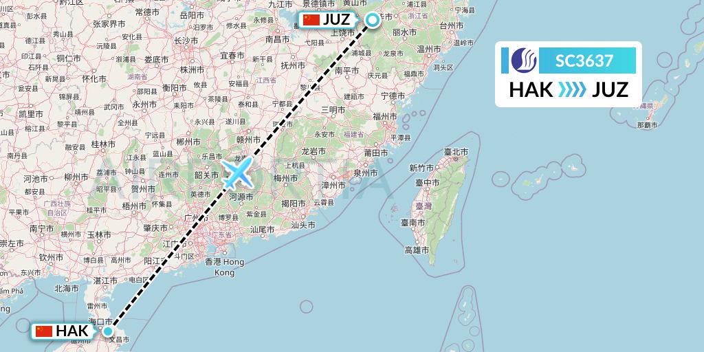 SC3637 Shandong Airlines Flight Map: Haikou to Quzhou