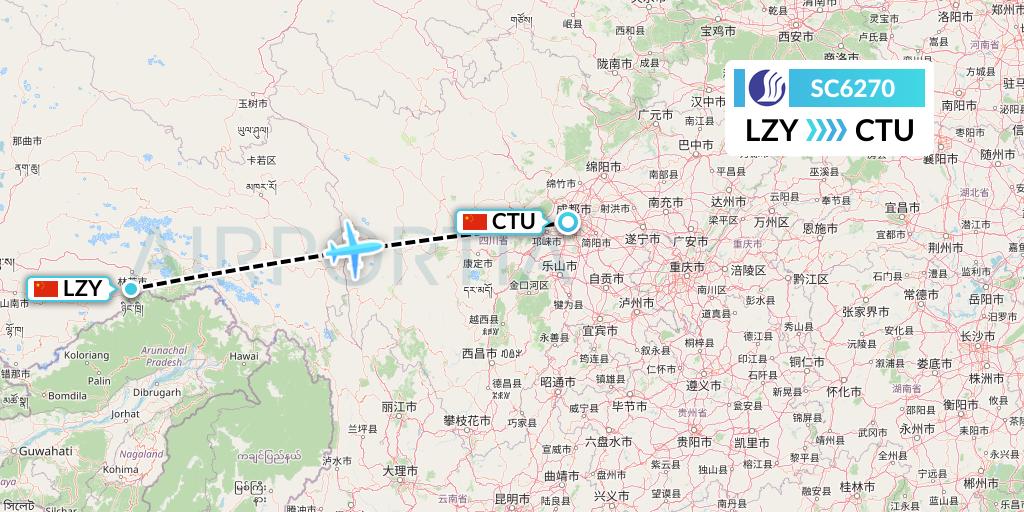 SC6270 Shandong Airlines Flight Map: Nyingchi to Chengdu
