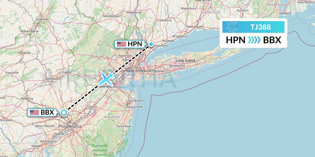 TJ388 Tradewind Aviation Flight Map: White Plains to Philadelphia