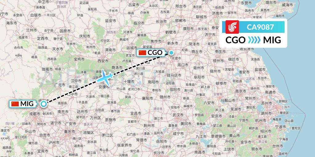 CA9087 Air China Flight Map: Zhengzhou to Mianyang