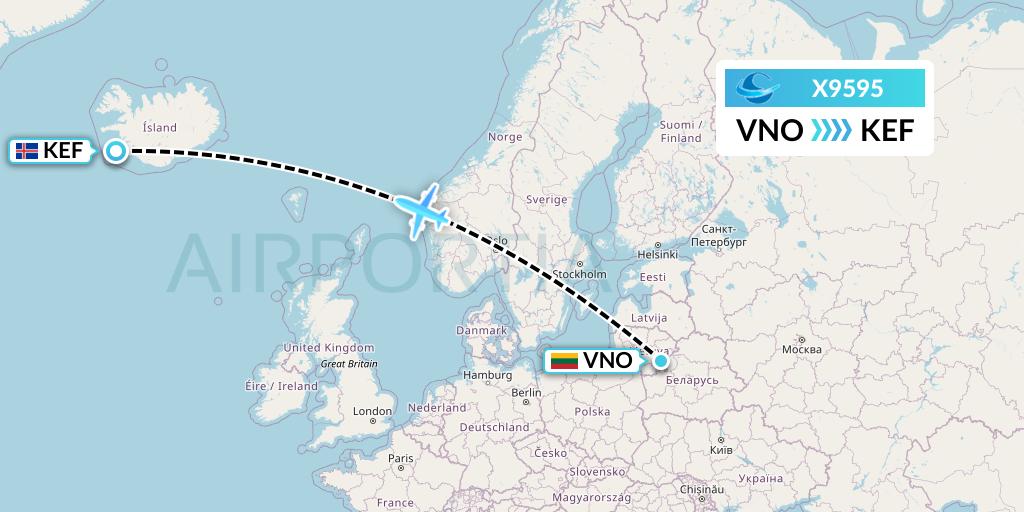 X9595 Avion Express Flight Map: Vilnius to Reykjavik