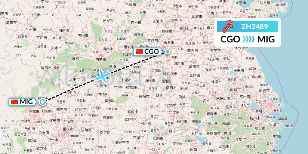 ZH2489 Shenzhen Airlines Flight Map: Zhengzhou to Mianyang
