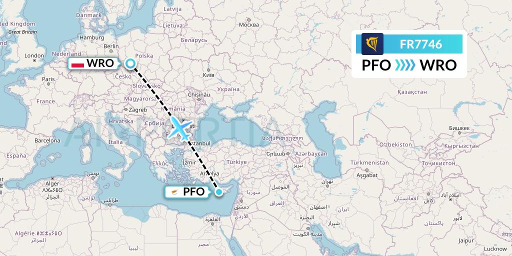 FR7746 Ryanair Flight Map: Pafos to Wroclaw