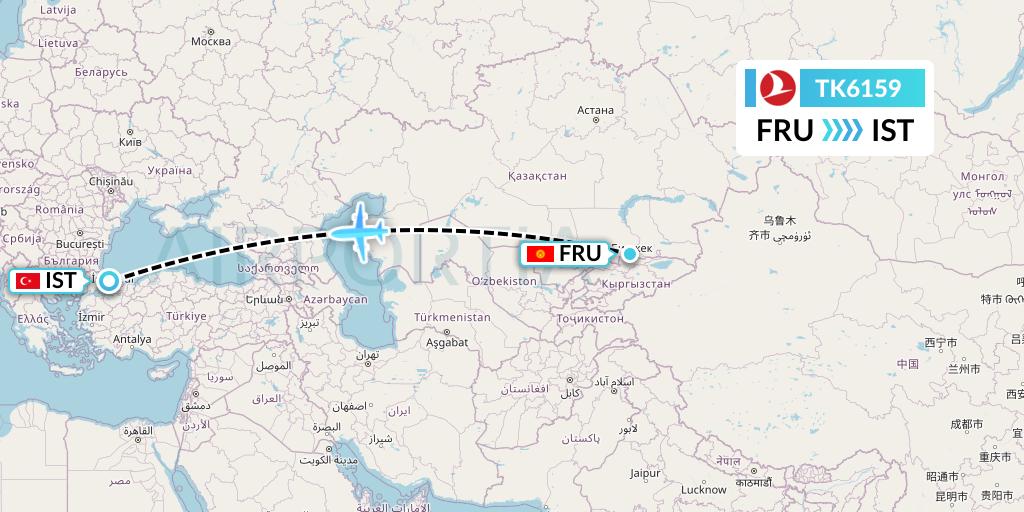 TK6159 Turkish Airlines Flight Map: Bishkek to Istanbul