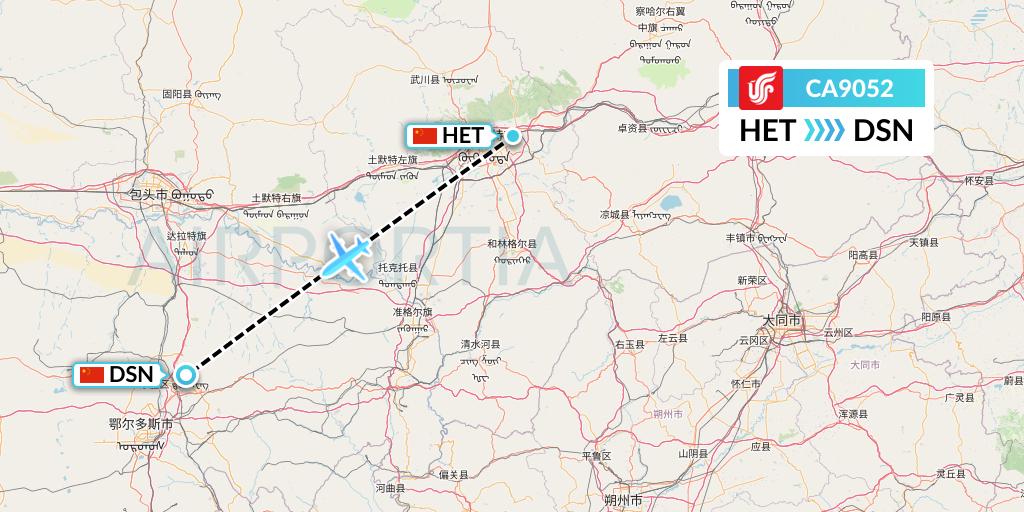CA9052 Air China Flight Map: Hohhot to Dongsheng