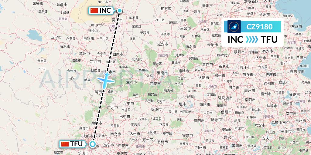 CZ9180 China Southern Airlines Flight Map: Yinchuan to Chengdu