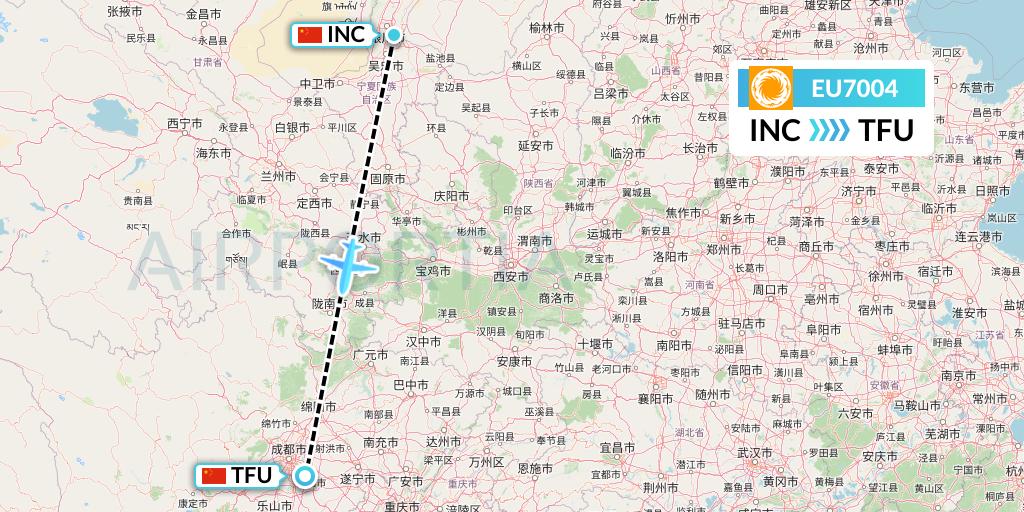 EU7004 Chengdu Airlines Flight Map: Yinchuan to Chengdu