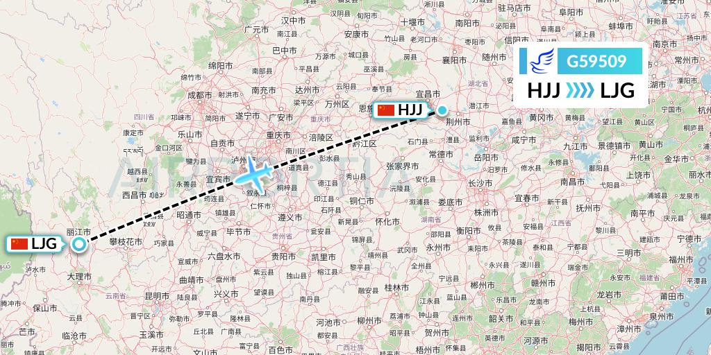 G59509 China Express Airlines Flight Map: Huaihua to Lijiang