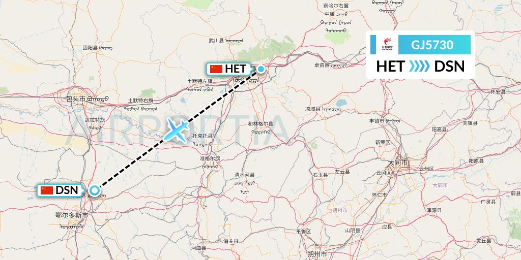 GJ5730 Loong Airlines Flight Map: Hohhot to Dongsheng