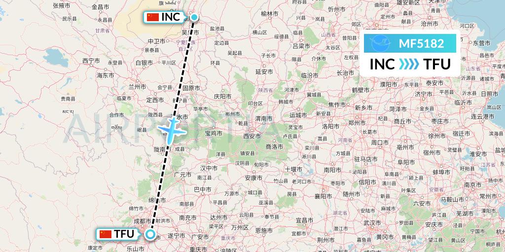 MF5182 Xiamen Airlines Flight Map: Yinchuan to Chengdu