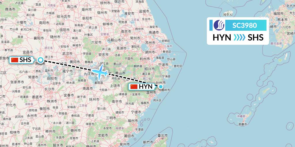 SC3980 Shandong Airlines Flight Map: Huangyan to Shashi