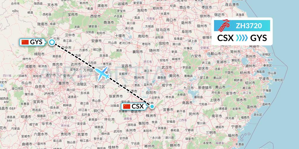 ZH3720 Shenzhen Airlines Flight Map: Changsha to Guangyuan