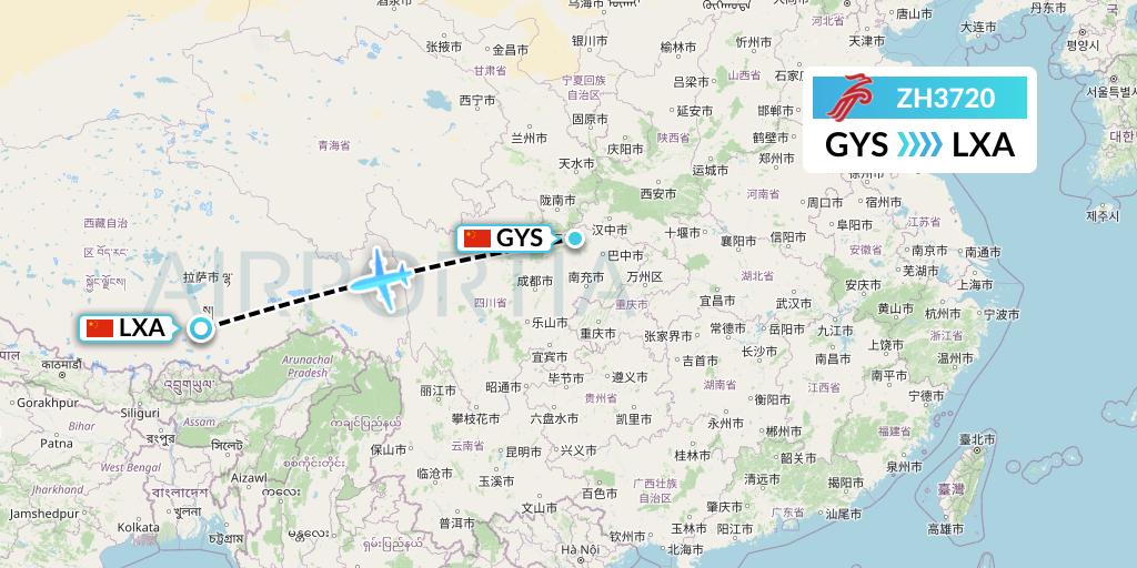 ZH3720 Shenzhen Airlines Flight Map: Guangyuan to Lhasa