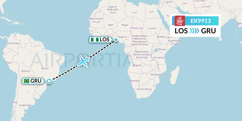EK9913 Emirates Flight Map: Lagos to Sao Paulo