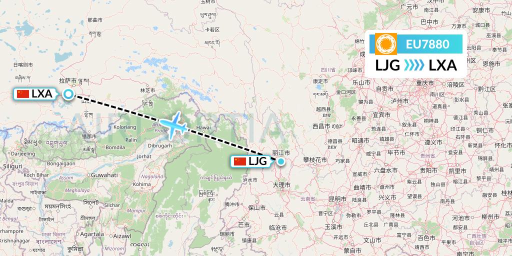 EU7880 Chengdu Airlines Flight Map: Lijiang to Lhasa