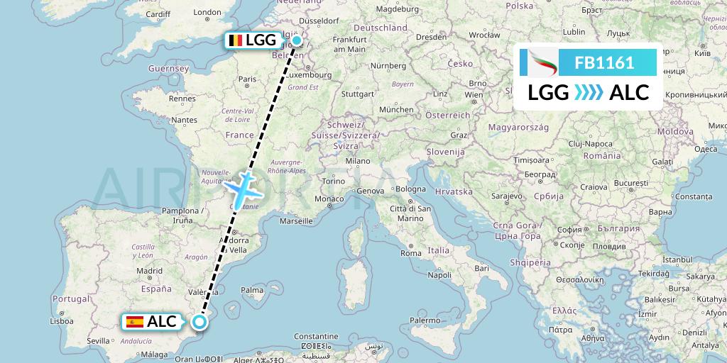 FB1161 Bulgaria Air Flight Map: Liege to Alicante