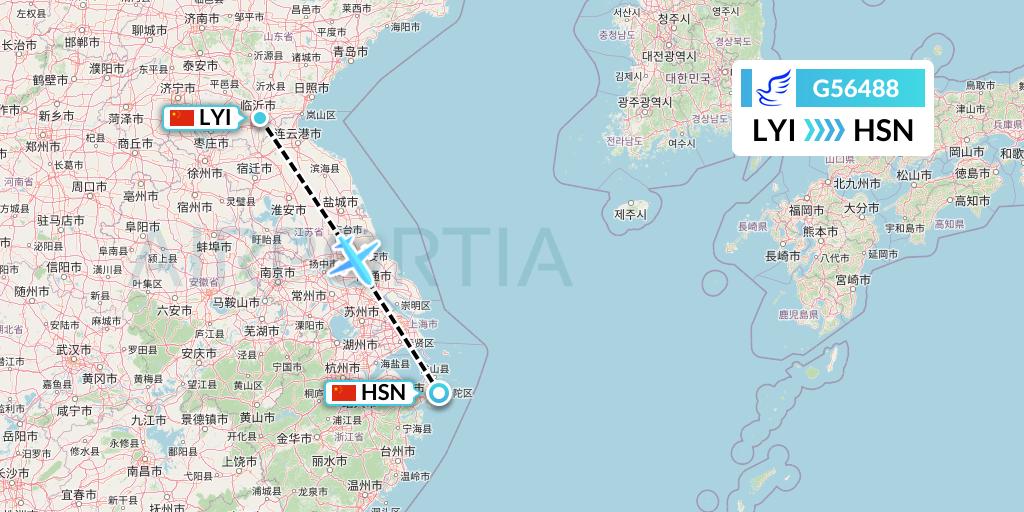 G56488 China Express Airlines Flight Map: Linyi to Zhoushan