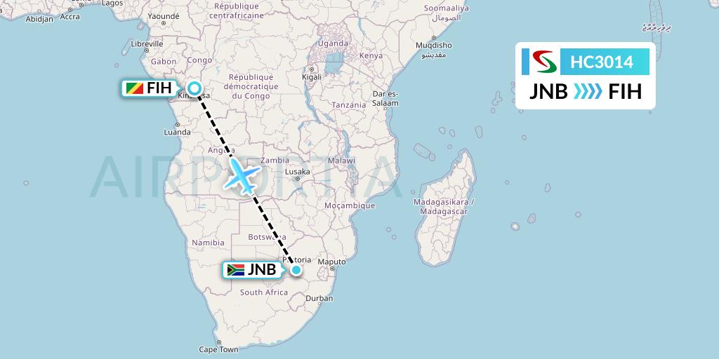 HC3014 Air Senegal Flight Map: Johannesburg to Kinshasa