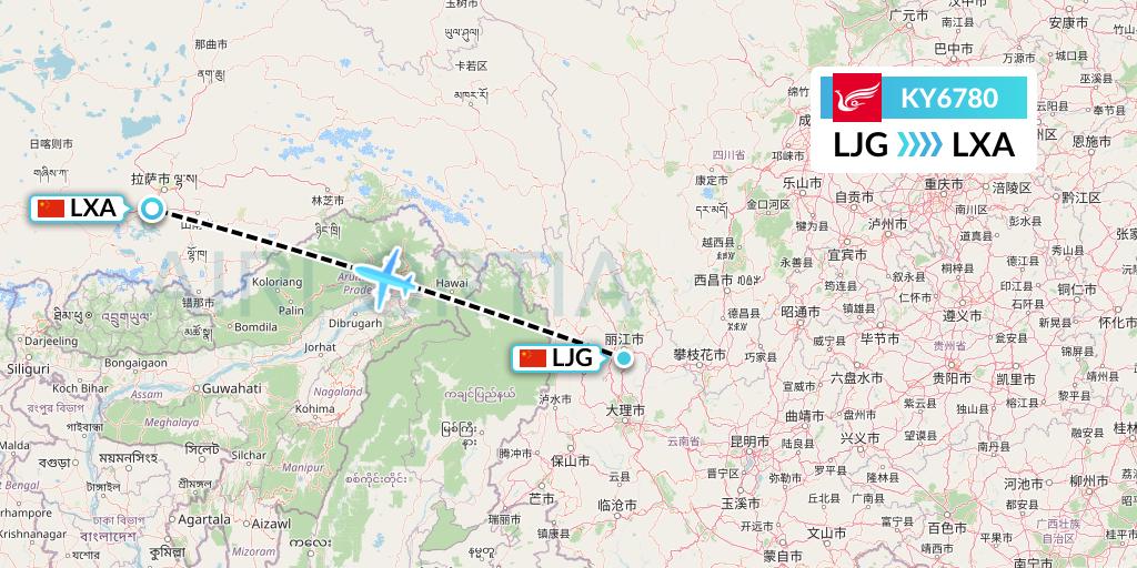 KY6780 Kunming Airlines Flight Map: Lijiang to Lhasa