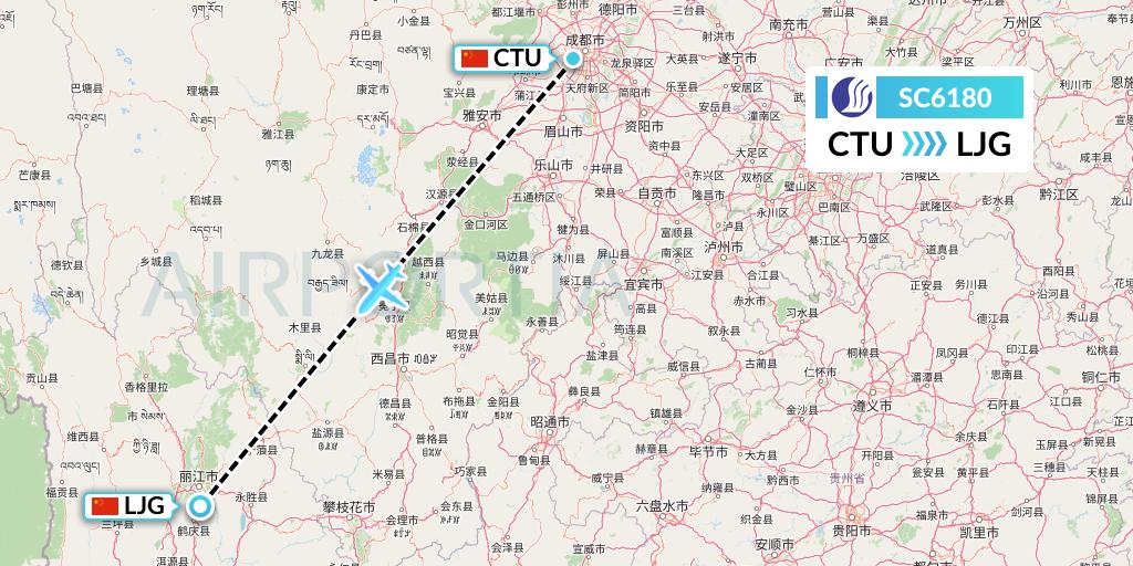 SC6180 Shandong Airlines Flight Map: Chengdu to Lijiang