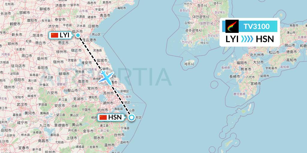 TV3100 Tibet Airlines Flight Map: Linyi to Zhoushan