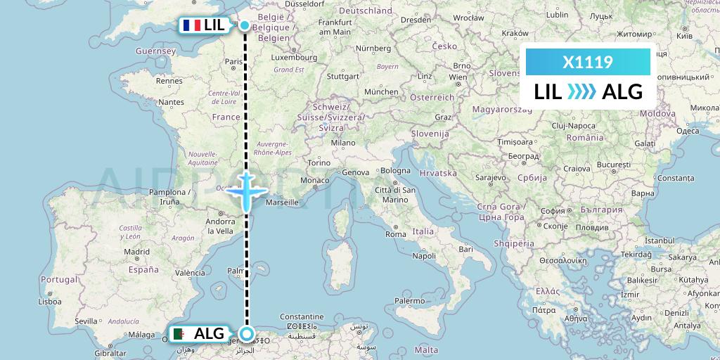 X1119 Nik Airways Flight Map: Lille to Algiers