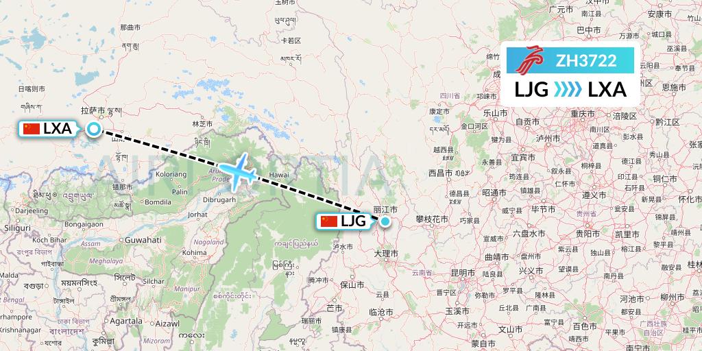 ZH3722 Shenzhen Airlines Flight Map: Lijiang to Lhasa
