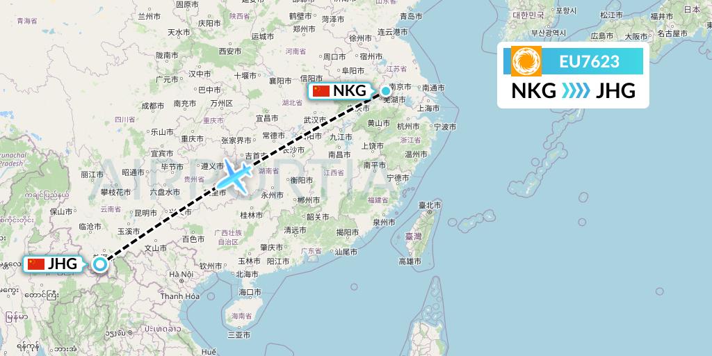 EU7623 Chengdu Airlines Flight Map: Nanjing to Jinghong