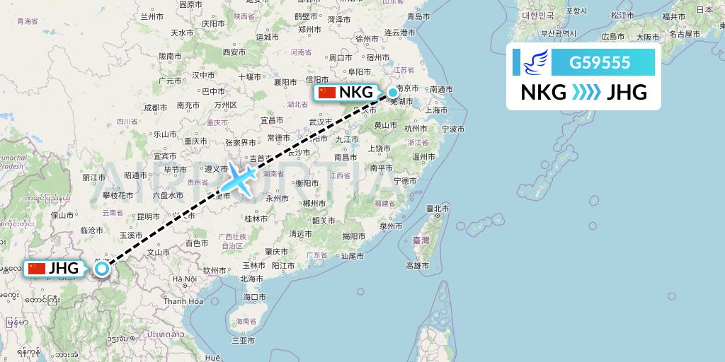G59555 China Express Airlines Flight Map: Nanjing to Jinghong