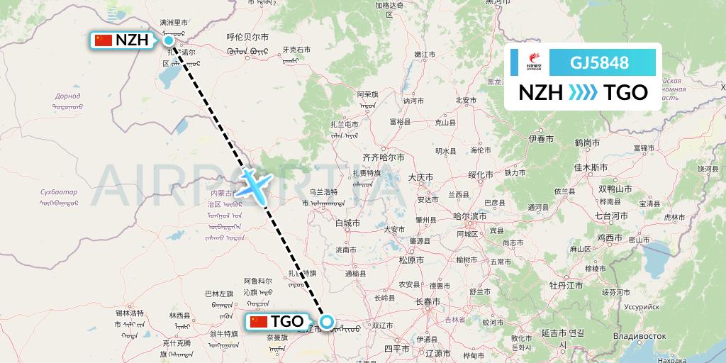 GJ5848 Loong Airlines Flight Map: Manzhouli to Tongliao