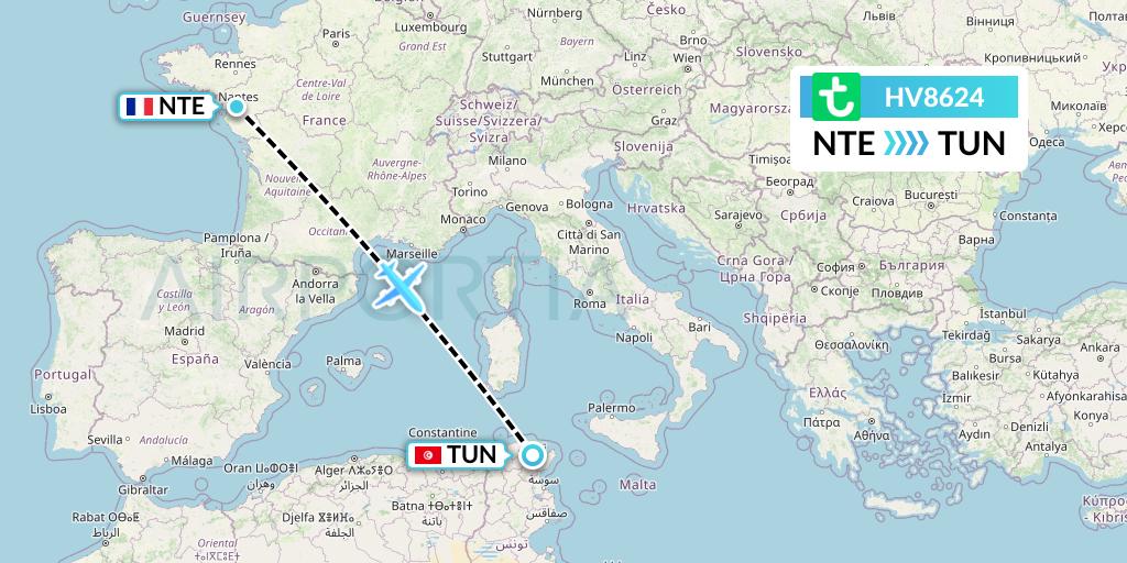 HV8624 Transavia Flight Map: Nantes to Tunis
