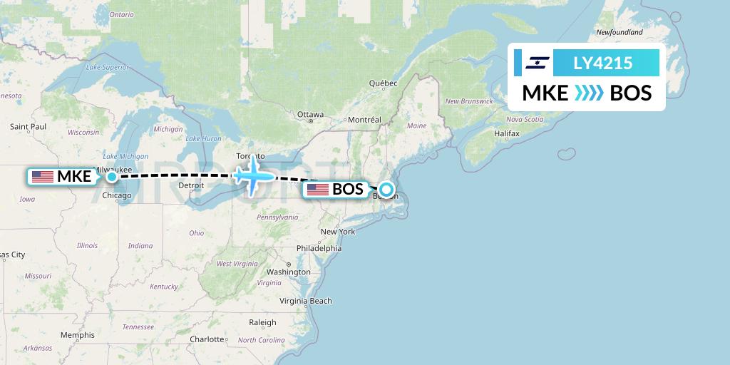 LY4215 El Al Flight Map: Milwaukee to Boston