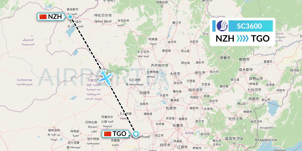 SC3600 Shandong Airlines Flight Map: Manzhouli to Tongliao