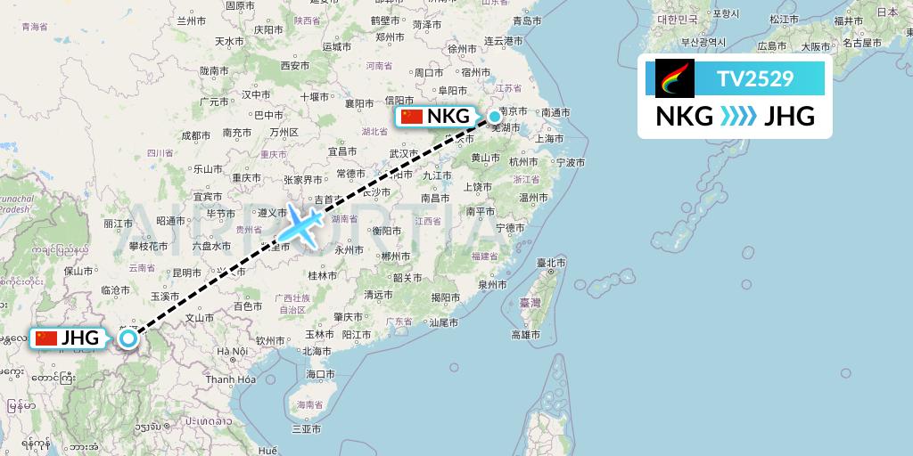 TV2529 Tibet Airlines Flight Map: Nanjing to Jinghong