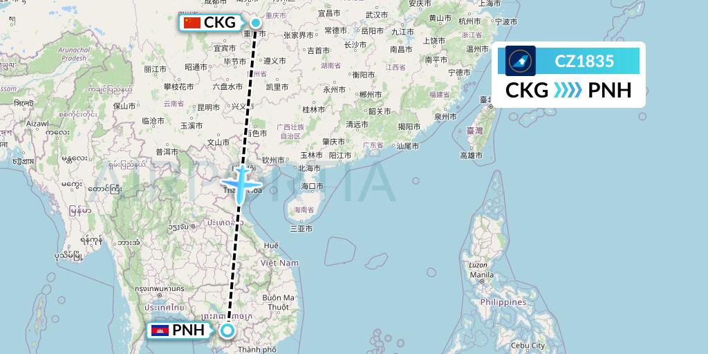 CZ1835 China Southern Airlines Flight Map: Chongqing to Phnom Penh